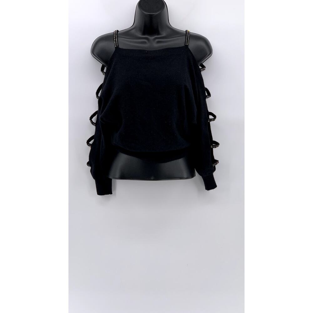 MICHAEL CARRIE Women's Vintage Black Cutout Rhinestone Embellished Sweater SZ S